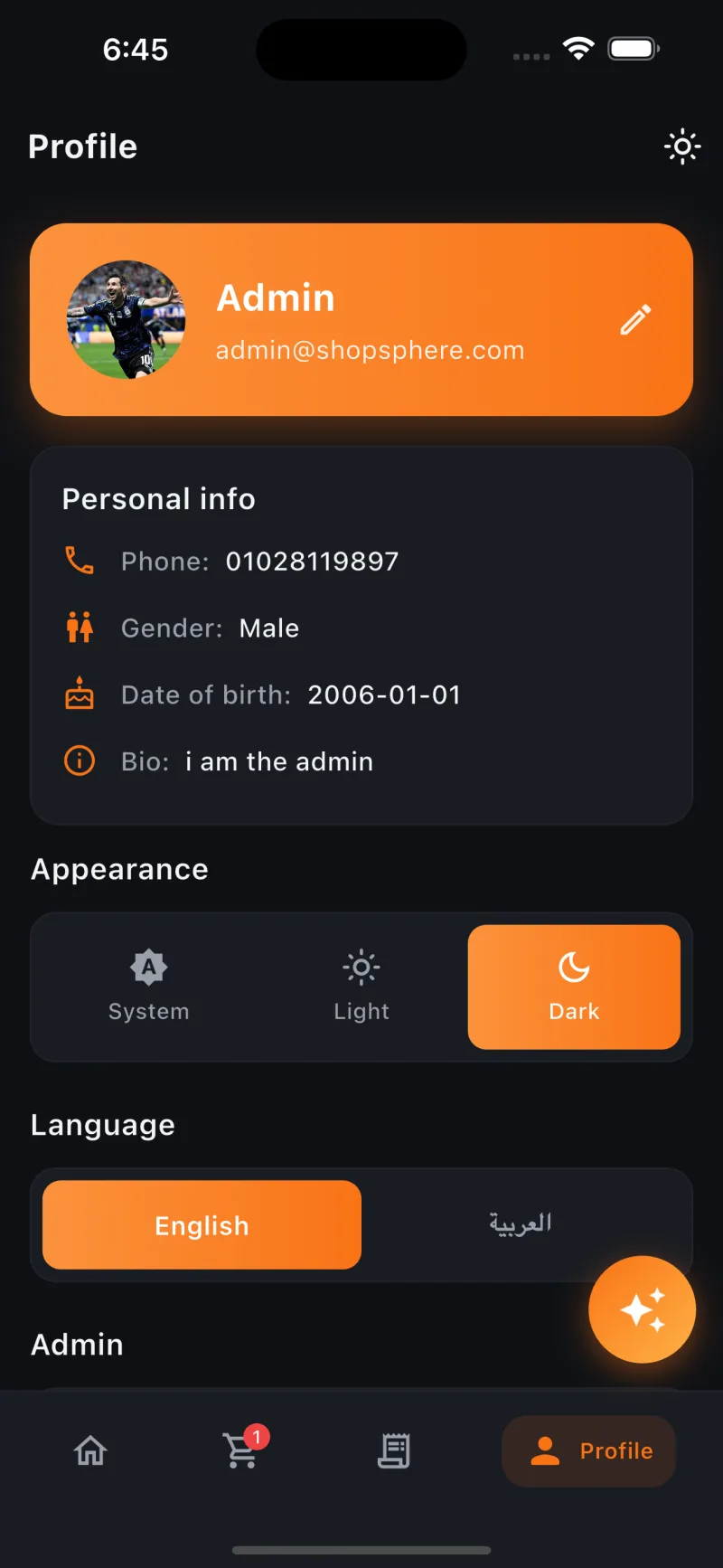Bazar — profile, theme & language