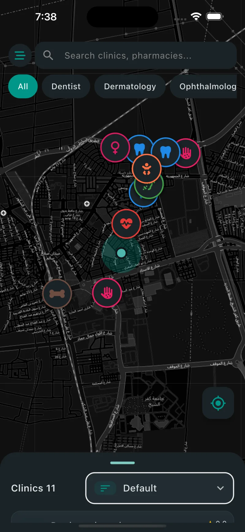 Clinics Finder — interactive map with specialty markers