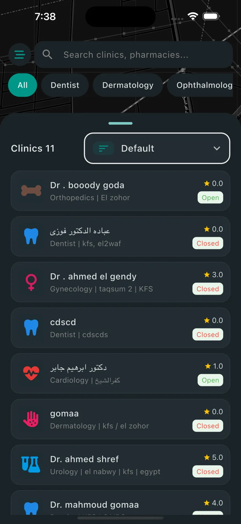 Clinics Finder — clinics list