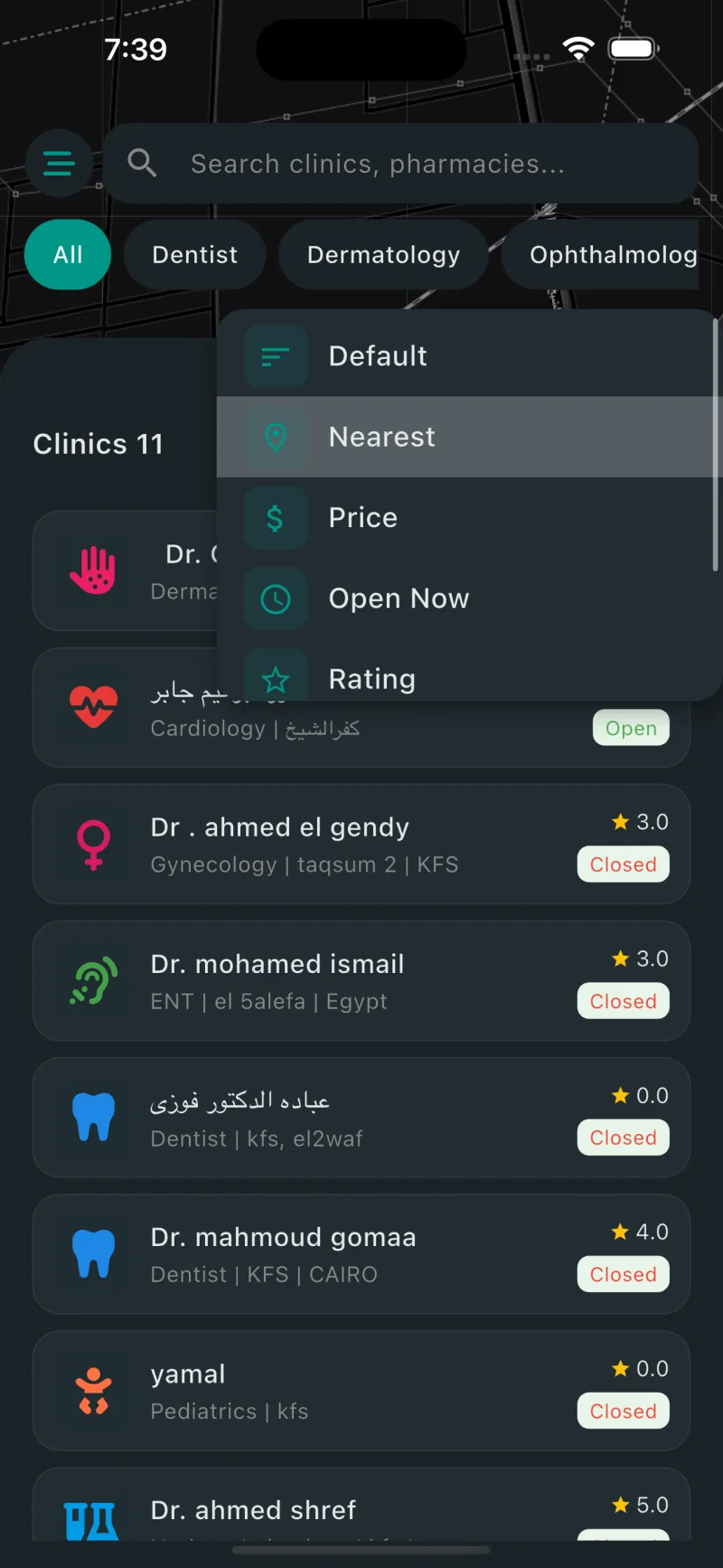 Clinics Finder — sort & filter