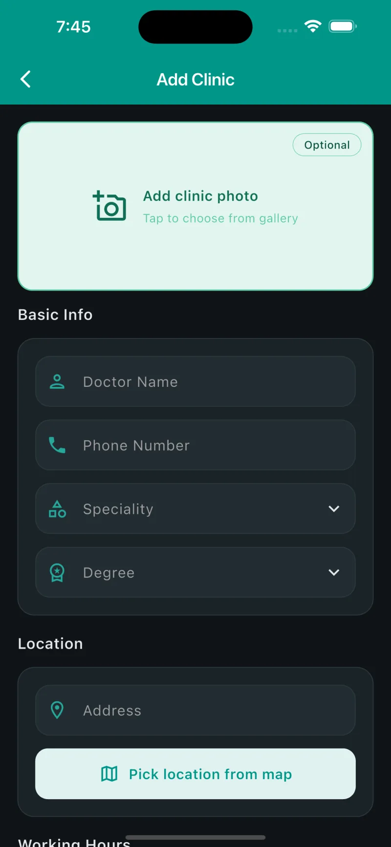 Clinics Finder — add clinic form