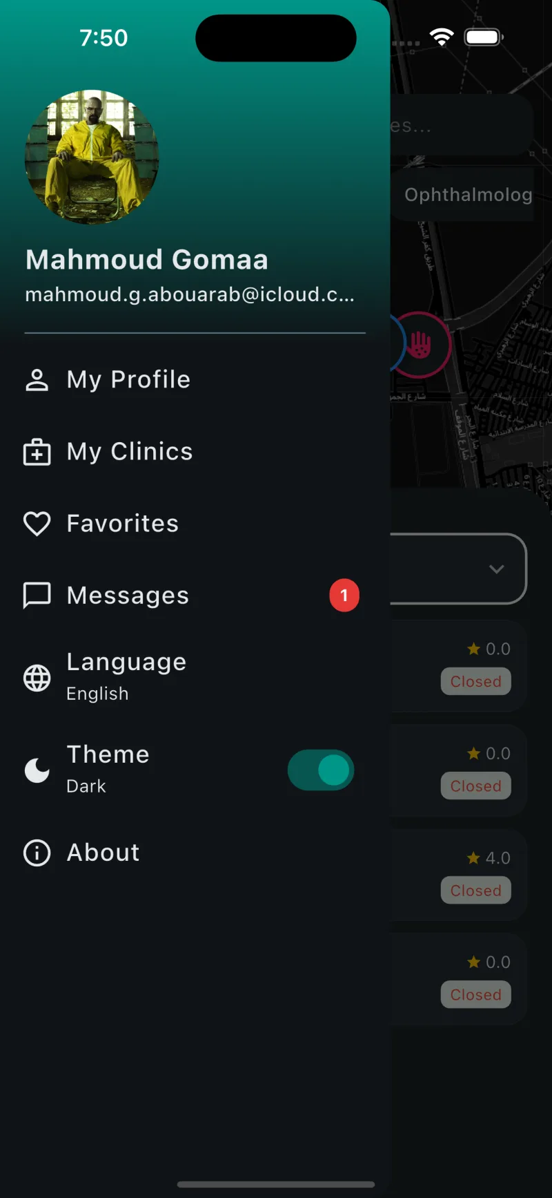 Clinics Finder — side menu