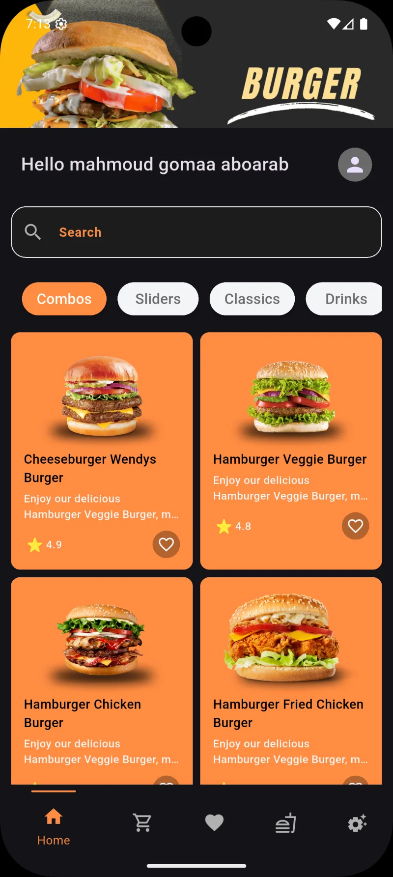 Food Ordering — home menu