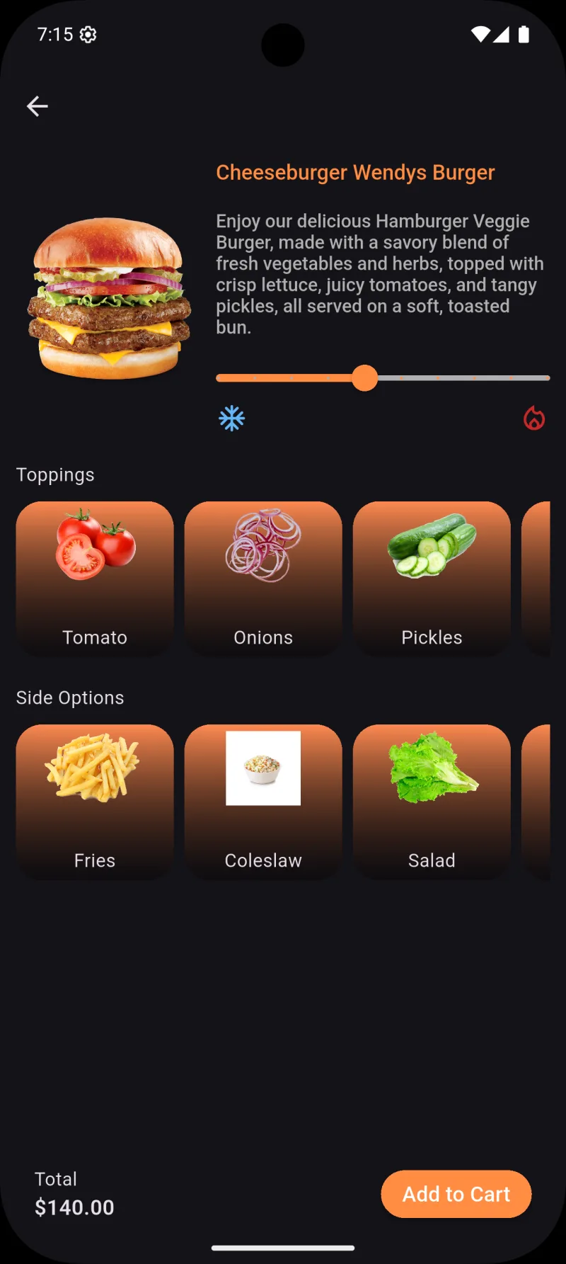 Food Ordering — product details with toppings